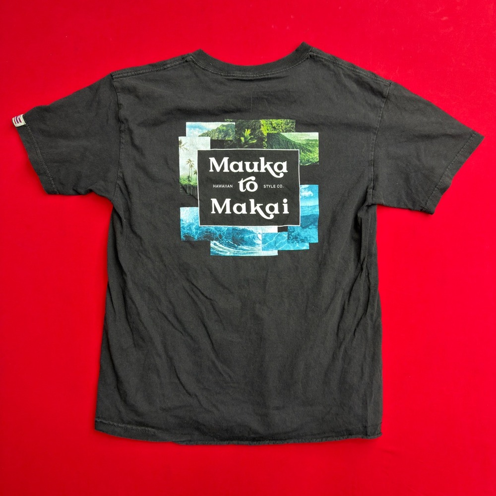 y2K Hawaiian Style Men Mauka to Makai Graphic T-Shirt Black Size M Cotton Surf T
